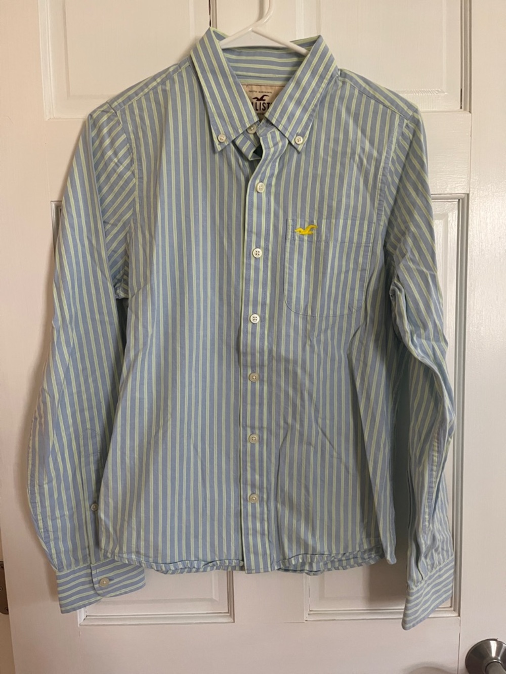 Hollister Men’s Blue & White Striped Button-Down Shirt with Yellow Logo